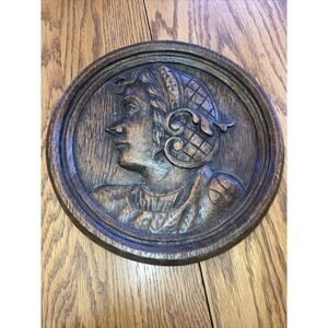 Vintage Hand Carved Oak Medallion 9” Round Plaque Portrait Woman